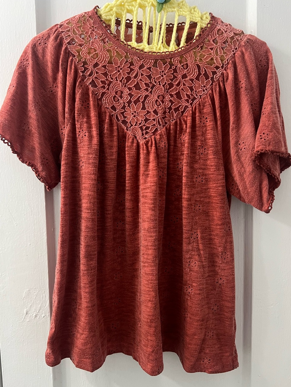 Knox Rose Rust Lace-Yoke Short Sleeve Top